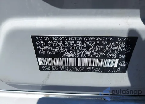 2011 Lexus Is 250 z USA, uszkodzony, nr VIN JTHBF5C21B5154190